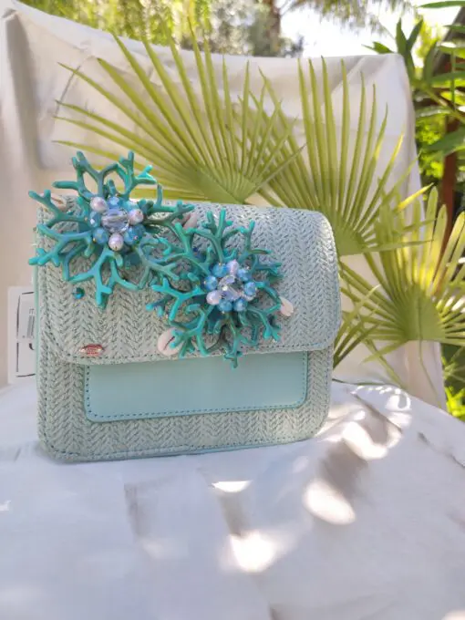 Borsa Cartella Verde acqua con corallo e perle